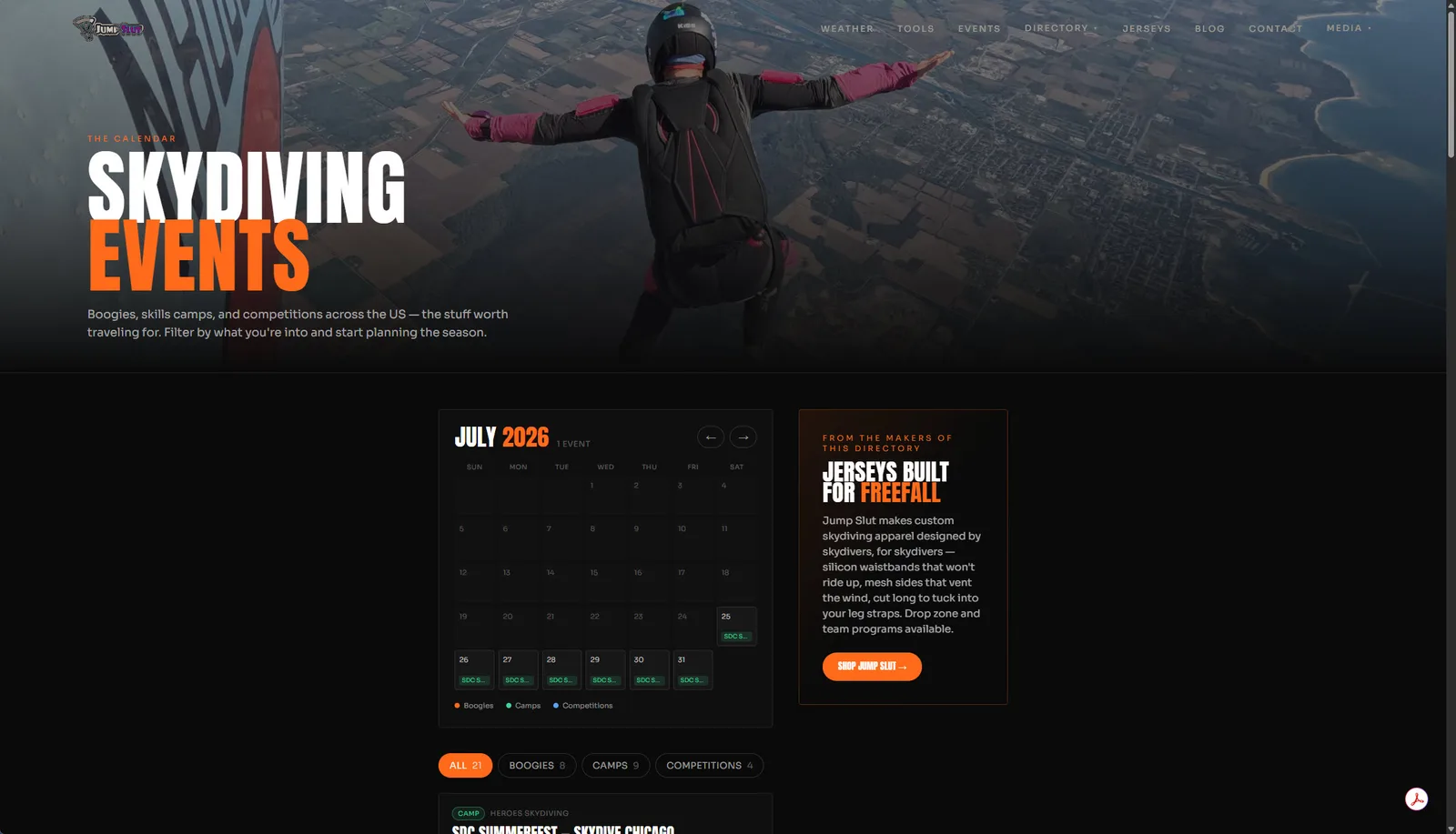 Jump Slut skydiving events calendar — a July 2026 schedule of boogies, skills camps, and competitions across the US.