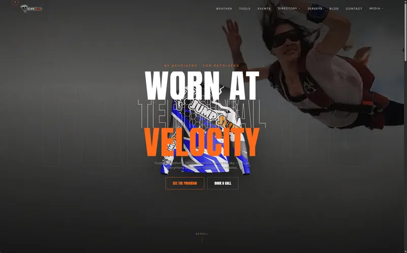 Jump Slut Tools homepage — a freeflying skydiver in a branded jersey behind the headline “Worn at Terminal Velocity” with the tools navigation.