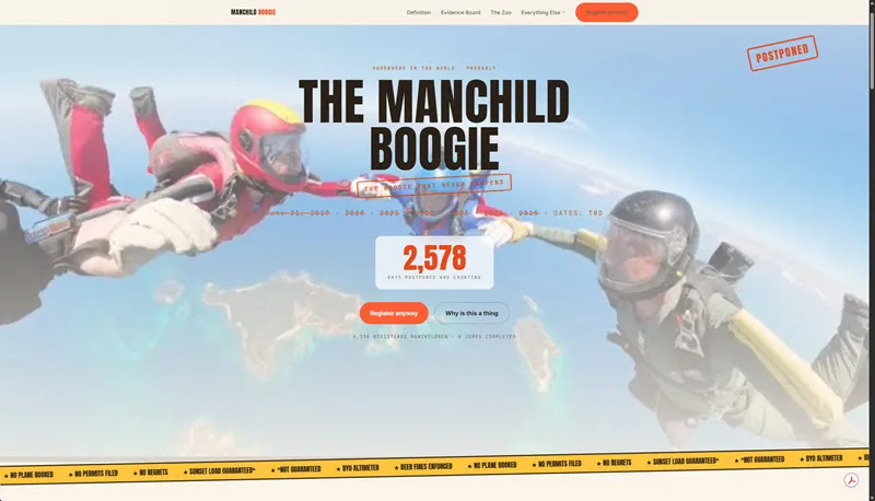 Manchild Boogie event site homepage — a freefall formation above the earth with a live registration countdown and a red “Postponed” stamp.