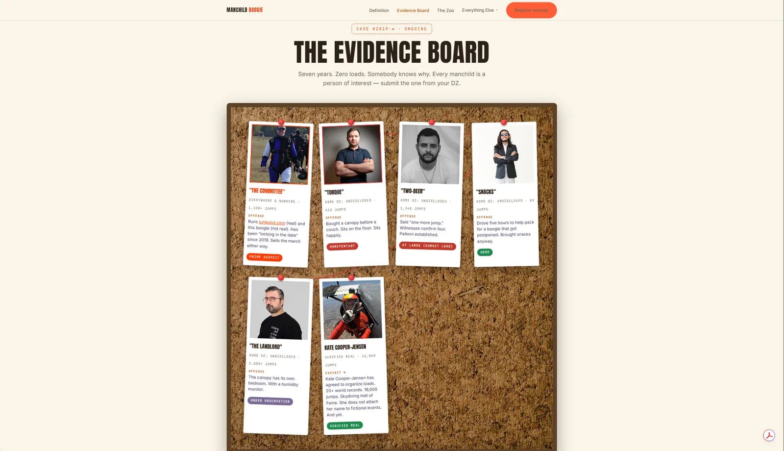 Manchild Boogie “Evidence Board” page — a corkboard of pinned person-of-interest cards for the boogie's suspects.
