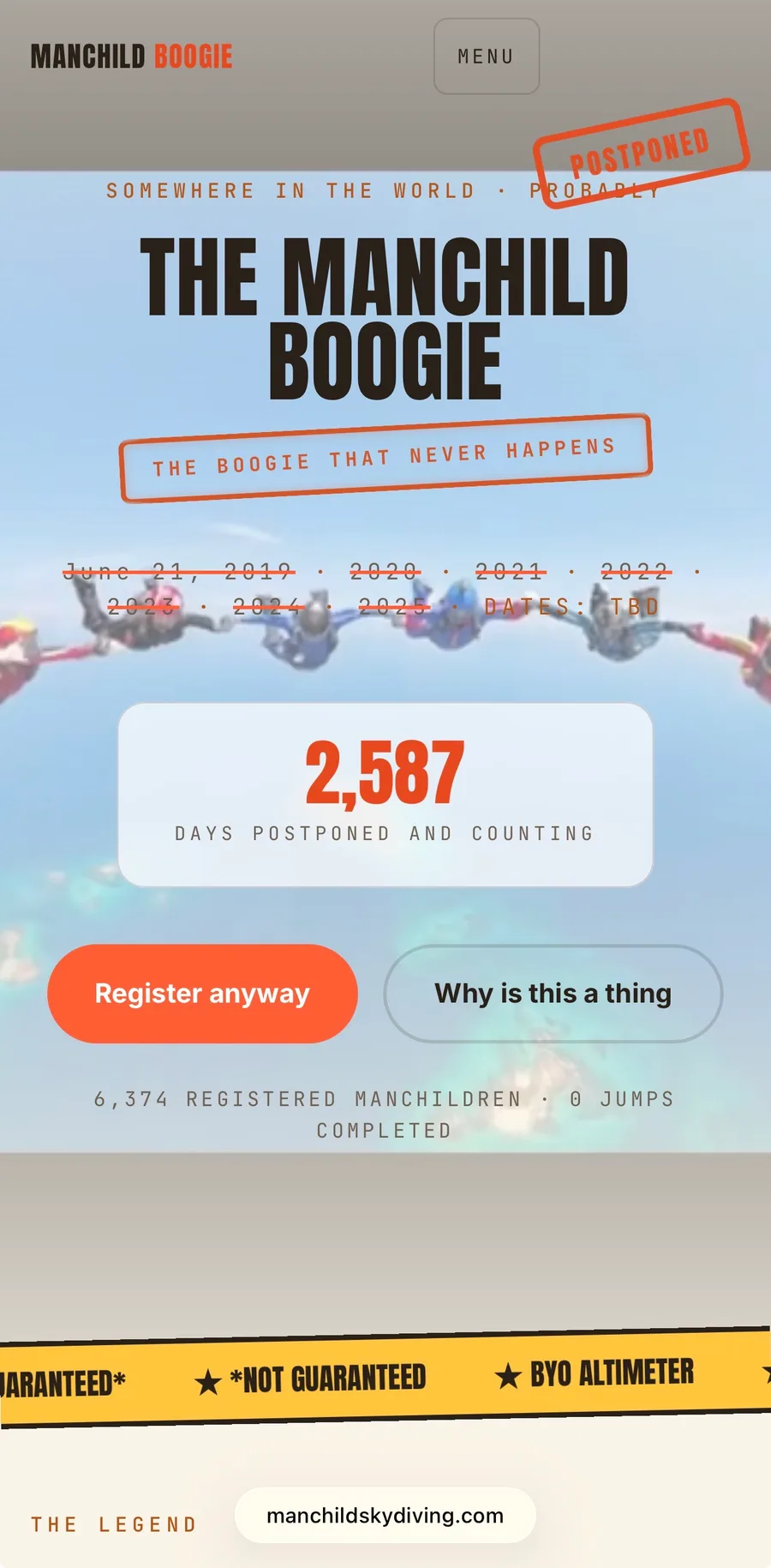 Manchild Boogie homepage on mobile — “The boogie that never happens” with a 2,587-days-postponed counter and a Register anyway button.