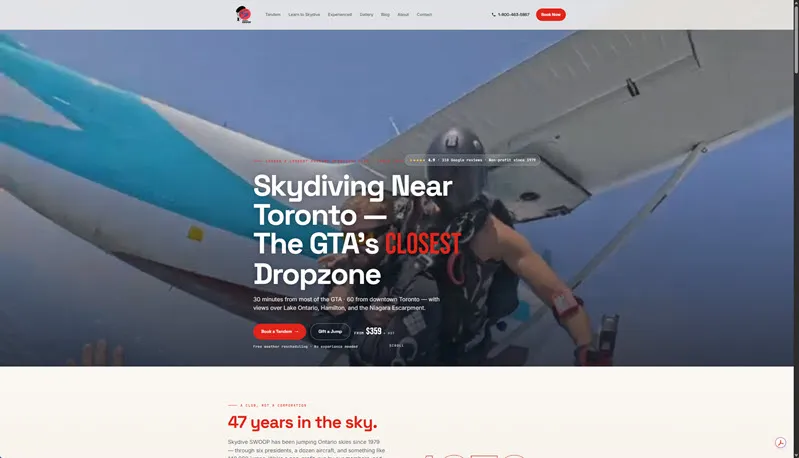 Skydive SWOOP drop zone website homepage — a tandem skydiver exiting the aircraft over Lake Ontario with the headline “Skydiving Near Toronto”.