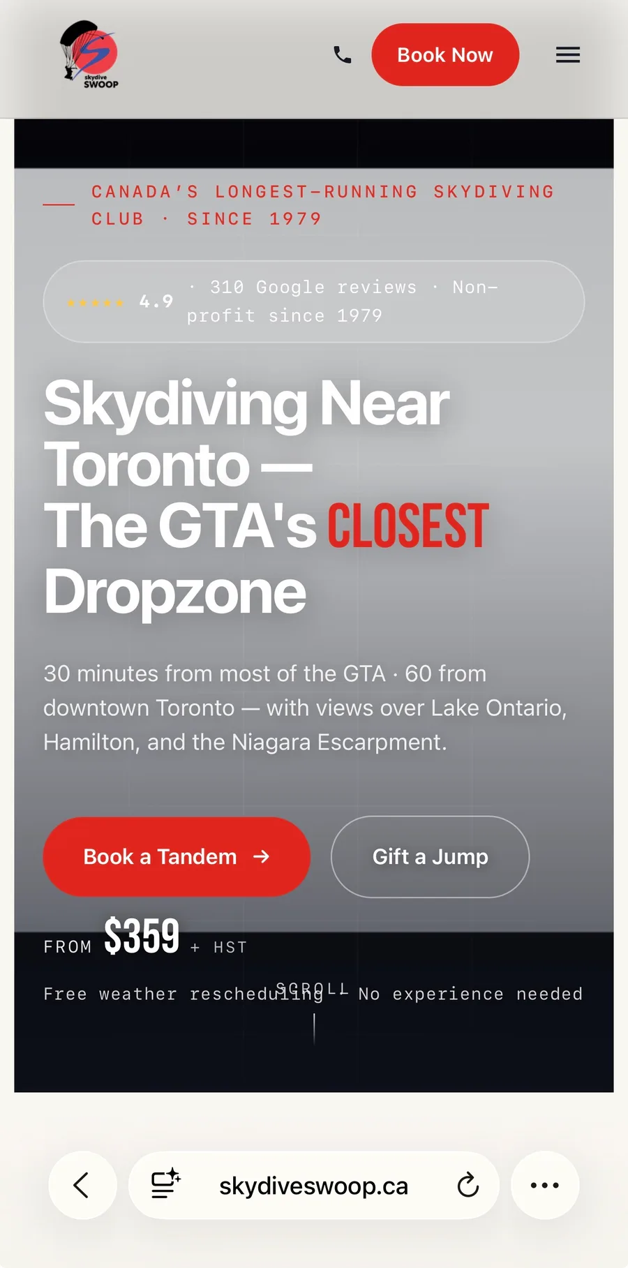 Skydive SWOOP homepage on mobile — the “Skydiving Near Toronto, the GTA's closest dropzone” hero with a 4.9-star rating and a Book a Tandem button.