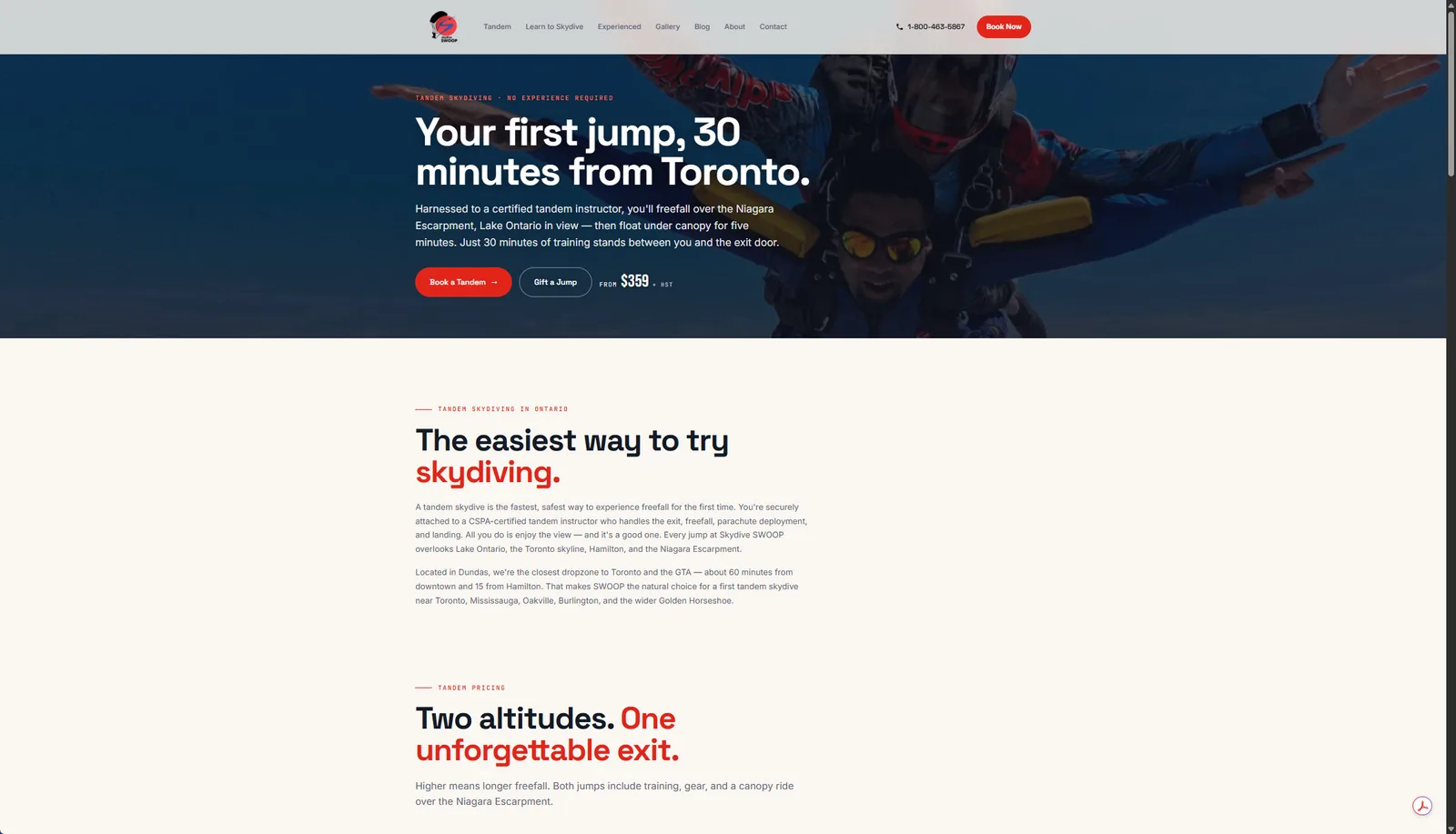 Skydive SWOOP tandem page — “Your first jump, 30 minutes from Toronto” over a photo of a tandem pair exiting the aircraft.